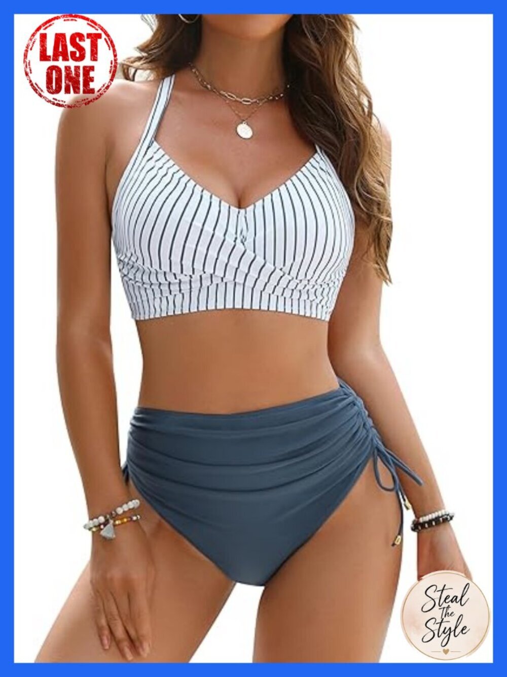 High Waisted Bikini Set Drawstring Tummy Control Crisscross Tie Back Swimsuits